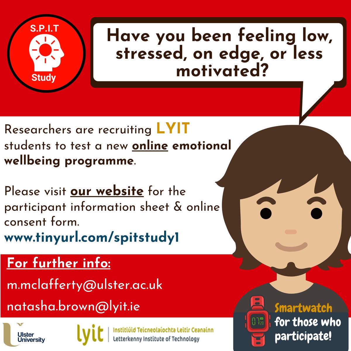 Welcoming all @LYIT students back! The new semester could be a good time to take steps towards caring for your wellbeing. Please click the link below for more information about our online CBT trial and to access the consent form! Last chance to sign up! tinyurl.com/spitstudy1