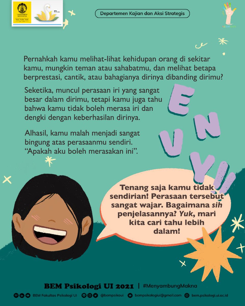 uisehatmental's tweet photo. [Iri Sama Teman Sendiri, Wajar Tidak Sih?]

Pernahkan kalian merasa iri terhadap pencapaian teman kalian? Atau karena teman kalian memiliki paras yang menarik? Namun, kalian tahu bahwasanya ‘iri’ itu bukanlah hal yang baik. 

#BefriendYourself
#UISehatMental https://t.co/1CfUpDoGUT