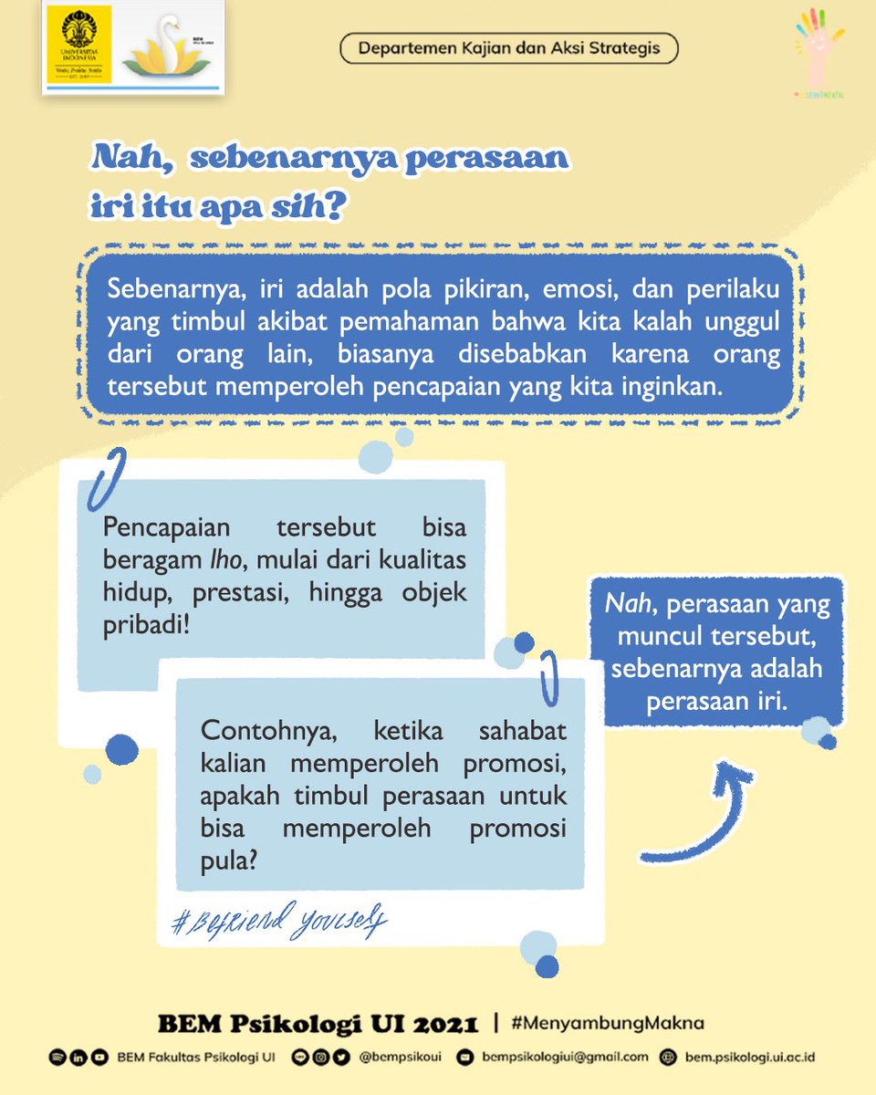 uisehatmental's tweet photo. [Iri Sama Teman Sendiri, Wajar Tidak Sih?]

Pernahkan kalian merasa iri terhadap pencapaian teman kalian? Atau karena teman kalian memiliki paras yang menarik? Namun, kalian tahu bahwasanya ‘iri’ itu bukanlah hal yang baik. 

#BefriendYourself
#UISehatMental https://t.co/1CfUpDoGUT