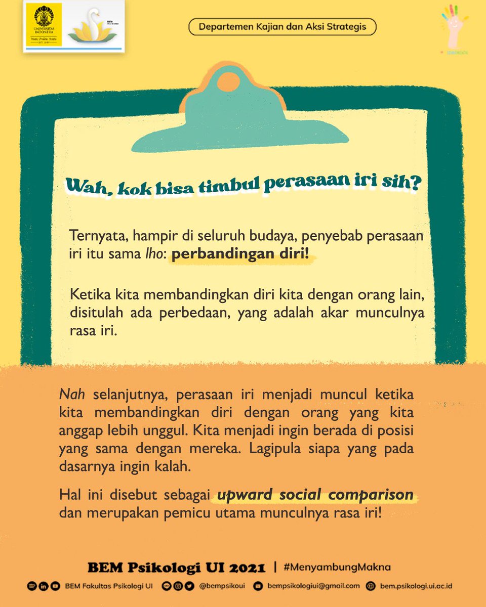 uisehatmental's tweet photo. [Iri Sama Teman Sendiri, Wajar Tidak Sih?]

Pernahkan kalian merasa iri terhadap pencapaian teman kalian? Atau karena teman kalian memiliki paras yang menarik? Namun, kalian tahu bahwasanya ‘iri’ itu bukanlah hal yang baik. 

#BefriendYourself
#UISehatMental https://t.co/1CfUpDoGUT