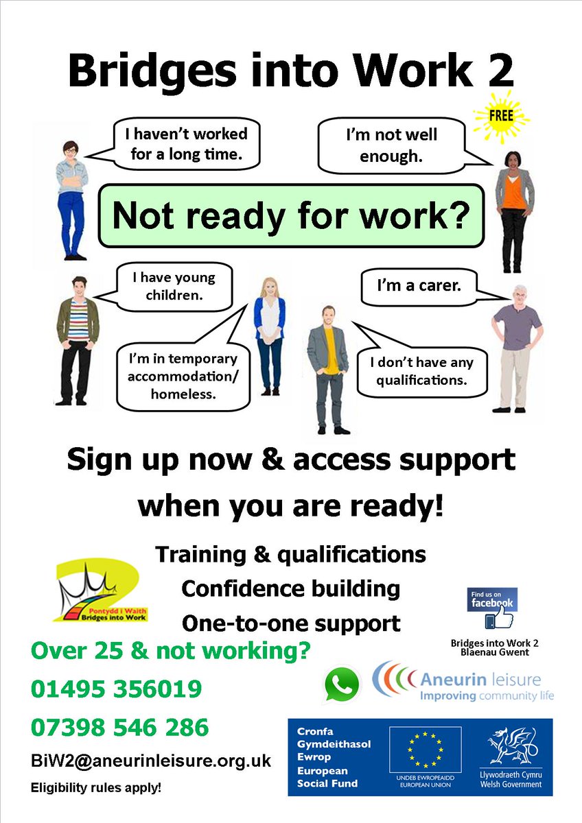 Not ready for work but would like to gain new skills, qualifications, confidence and experience? Contact Bridges into Work 2 for more information how we can support you. Eligibility rules apply!
