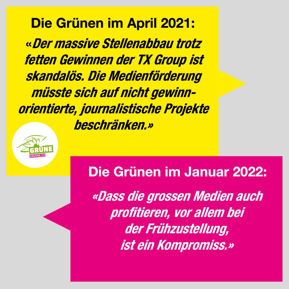 Woran erkennt man ein schlecht gemachtes #Mediengesetz?
Wenn selbst die Befürworter es eine «Katastrophe» oder eine «Missgeburt» nennen (siehe Zitate auf unserer Website). Oder sich die Befürworter in Widersprüche verwickeln wie zum Beispiel die <a href="/GrueneCH/">GRÜNE Schweiz</a> 
#MediengesetzNein