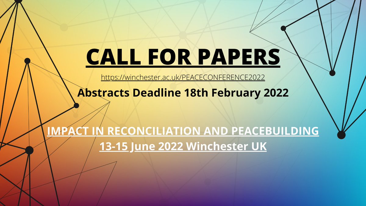 WinchesterPeace's tweet photo. #Religion and Culture in #Conflict and #Peace CALL FOR PAPERS - Impact in #Reconciliation &amp; #Peacebuilding #conference #callforpapers https://t.co/jNkRIQmQx3
@Luke_Abbs @AndGomezSuarez @MajbrittLyck @StEthelburgas @USIP @CRS_INFO https://t.co/zGKmeQylOQ