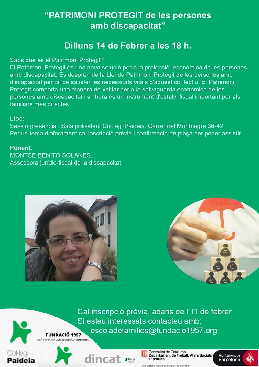 Saps què és el Patrimoni Protegit? Tindràs tota la informació en aquesta sessió, dilluns 14 de febrer a les 18h.❗Cal inscripció prèvia. #discapacitat #inclusió