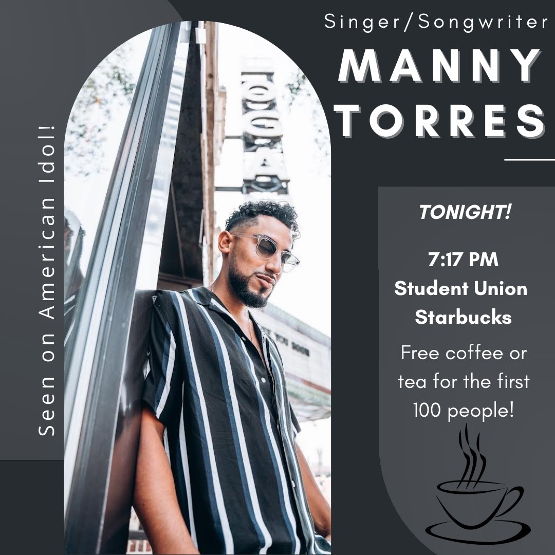 uaRHPB's tweet photo. Manny Torres is coming to UA TONIGHT! Make sure to stop by for some free coffee or tea &amp; to listen to an amazing performer! https://t.co/ZfWLUdqnvS