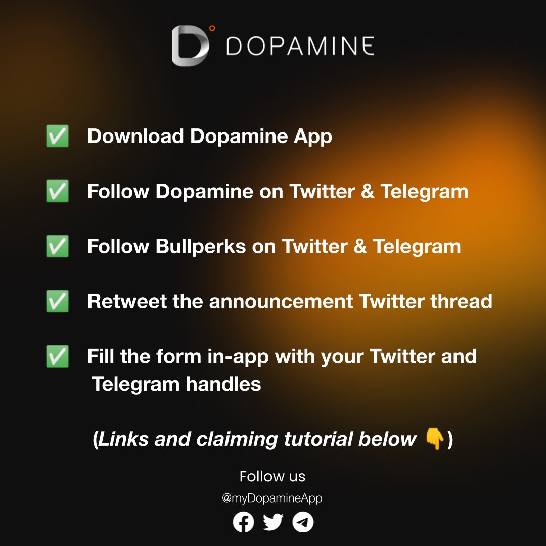 myDopamineApp's tweet photo. Take these 5 steps and get a chance to win the Bullperks x Dopamine NFT 🎉 https://t.co/qMabKoveY9
