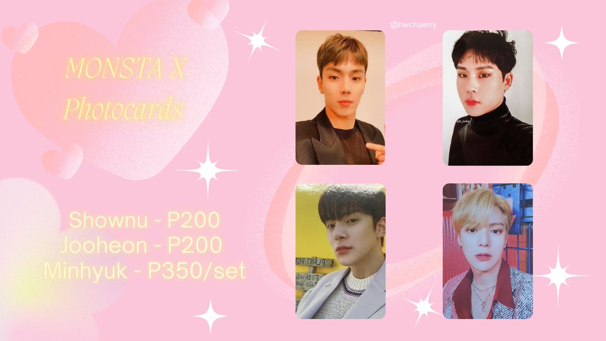 hwchaerry's tweet photo. wts 

shownu fantasia pc
jooheon love killa pc
minhyuk fantasia + love killa pc

— price shown in pic https://t.co/UlaM5KrQOw
