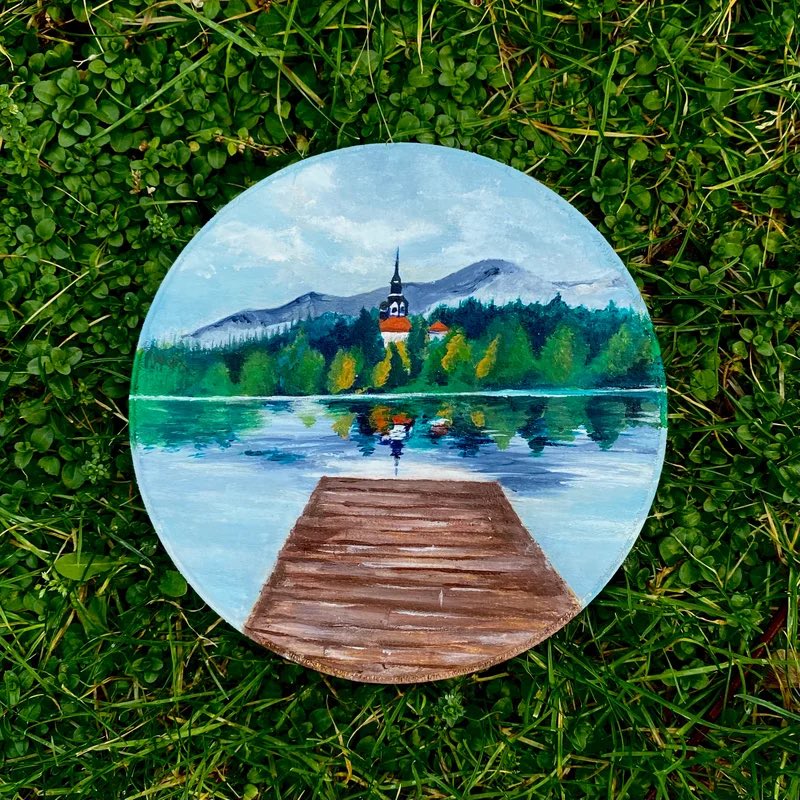 ✨ Lake Bled ✨ This lovely acrylic on wood, 7” painting is £30 and still searching for its forever home 💚 DM to claim or visit the link below!