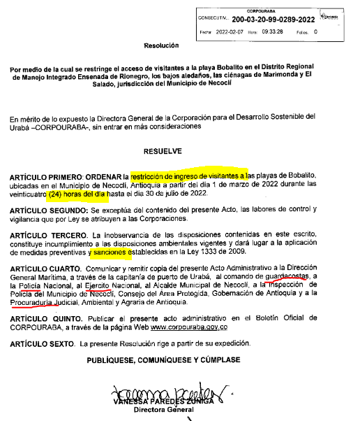 ATENCIÓN!
Nueva resolución de <a href="/CORPOURABA/">𝐂𝐎𝐑𝐏𝐎𝐔𝐑𝐀𝐁𝐀</a> prohibe a habitantes, campesinos, pescadores, científicos y cualquier otra persona entrar a la playa #Bobalito desde el 1 de marzo.

Inobservancia=Sanción

Asumimos habrá personal 24 horas protegiendo de saqueadores los nidos de tortugas.