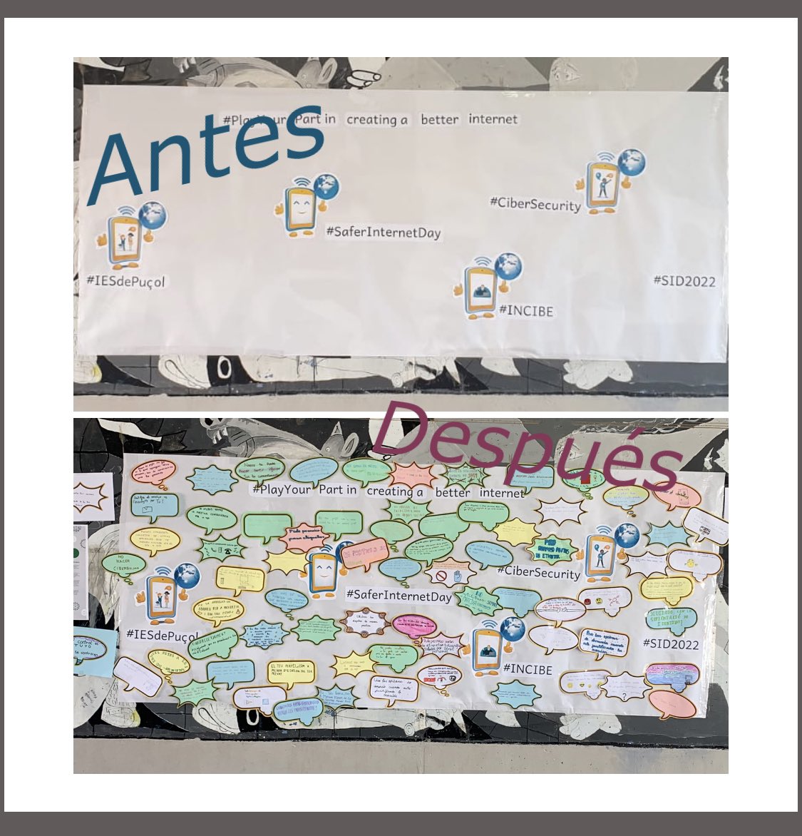 iespuzol's tweet photo. El alumnado del #iespuçol ha dejado sus mensajes positivos sobre el uso de Internet en @safeinternetday @is4k @INCIBE #PlayYourPart #SID2022 @GVAeducacio @CEFIREambitTIC https://t.co/2eDE3xdR0D