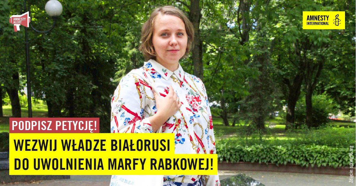 amnestyPL's tweet photo. Marfa Rabkowa jest białoruską obrończynią praw człowieka i koordynatorką wolontariuszy w Centrum Praw Człowieka Wiasna, która została arbitralnie zatrzymana 17 września 2020 r. i od tego czasu przebywa w areszcie.
Żądamy jej uwolnienia: https://t.co/Xg93DnBn0M
#AmnestyAlert https://t.co/UPBXYOLeYD