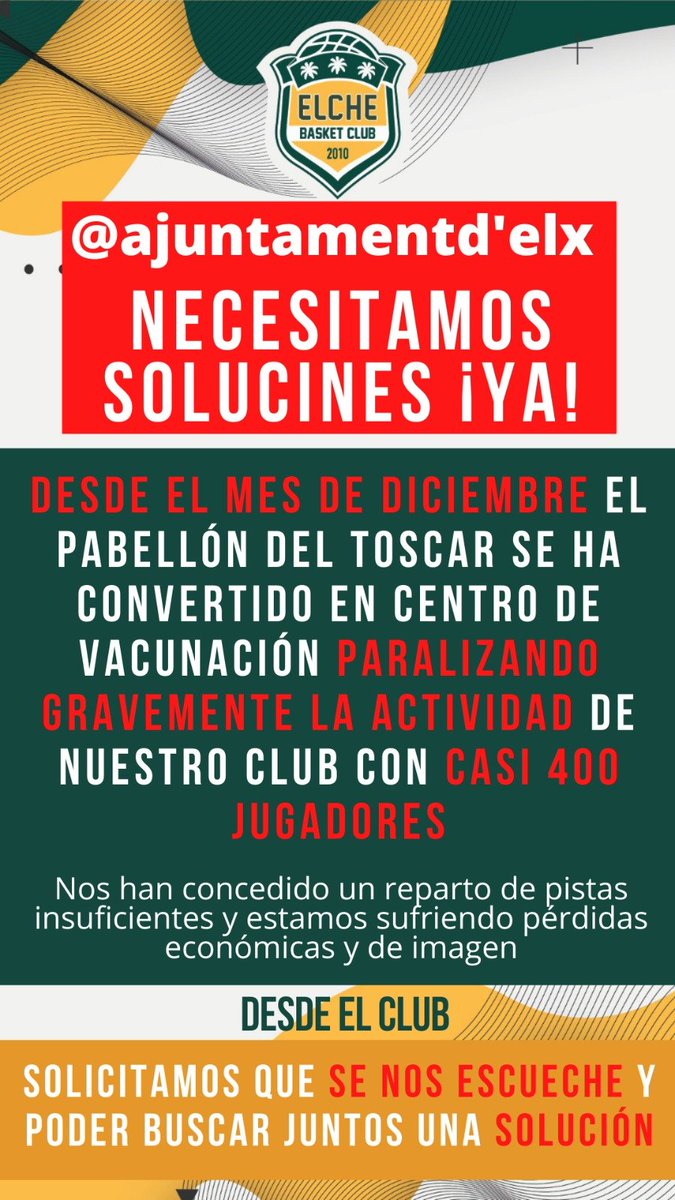 elchebasketclub's tweet photo. VAMOS TODOS JUNTOS

Necesitamos que se nos escuche y se nos dé una solución @ajuntamentelx 

🏀 SOMOS ELCHE BASKET CLUB 🏀

#SomosElcheBasketClub
#Baloncesto
#Basket
#Elche
#Elx https://t.co/m1Gnj6flLQ