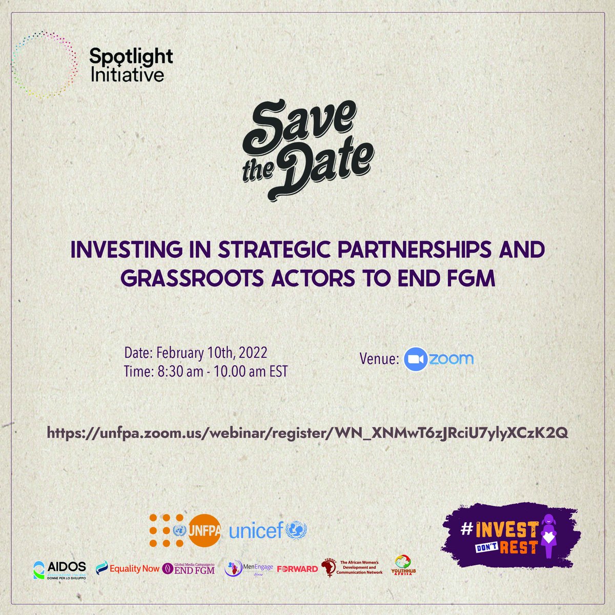 Join us and <a href="/UNFPA/">UNFPA</a> tomorrow from 4:30pm - 6:00pm EAT for a discussion on investing in strategic partnerships and grassroots actors to #EndFGM.

Register here today and be a part of this conversation: unfpa.zoom.us/webinar/regist…