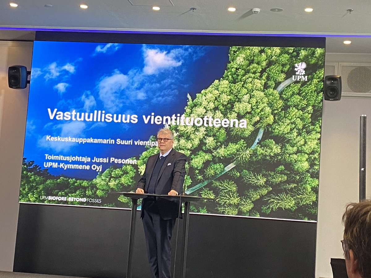 ”Vastuullisuus on ajattelutapa, läpi arvoketjun”. @jussipesonenUPM tiivisti erinomaisesti vastuullisuuden ulottuvuuksia <a href="/K3FIN/">Keskuskauppakamari</a> #suurivientipäivä