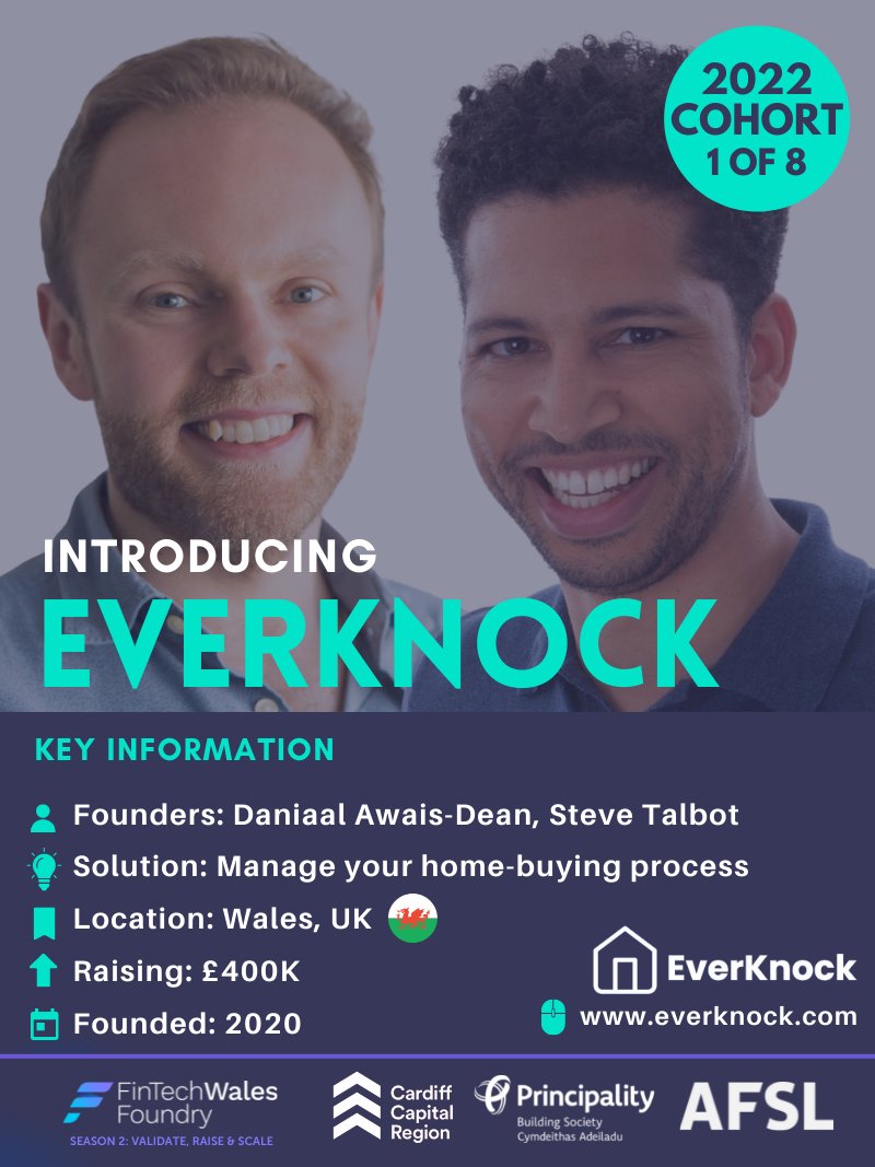 WalesFintech's tweet photo. Introducing @EverKnockHQ 👋a personal home-buying assistant bringing the services you need - conveyancing, finance, insurances &amp; more - into 1 seamless journey

1/8 companies forming the Season 2 cohort of the FinTech Wales Foundry: Validate, Raise &amp; Scale Program.

#ScaleInWales https://t.co/FhgxxNSqyl