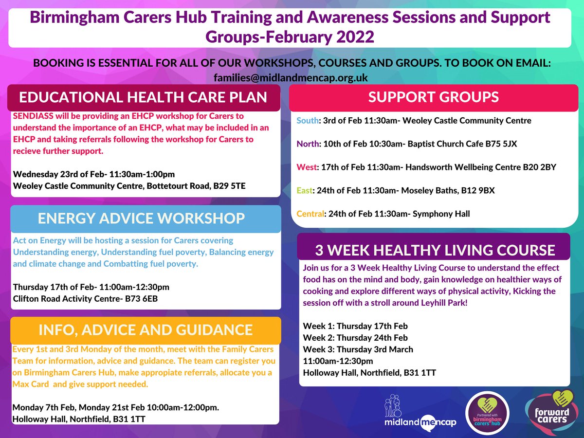 MidlandMencapUK's tweet photo. Our Carers timetable for February is live! 

Carers of Birmingham, we have a jam packed month for you 🤩

For more information, email our Family Carers team at: families@midlandmencap.org.uk 

#Carers #Birmingham #MidlandMencap #LearningDisability #Accessibility https://t.co/Z1Q93c4RHL