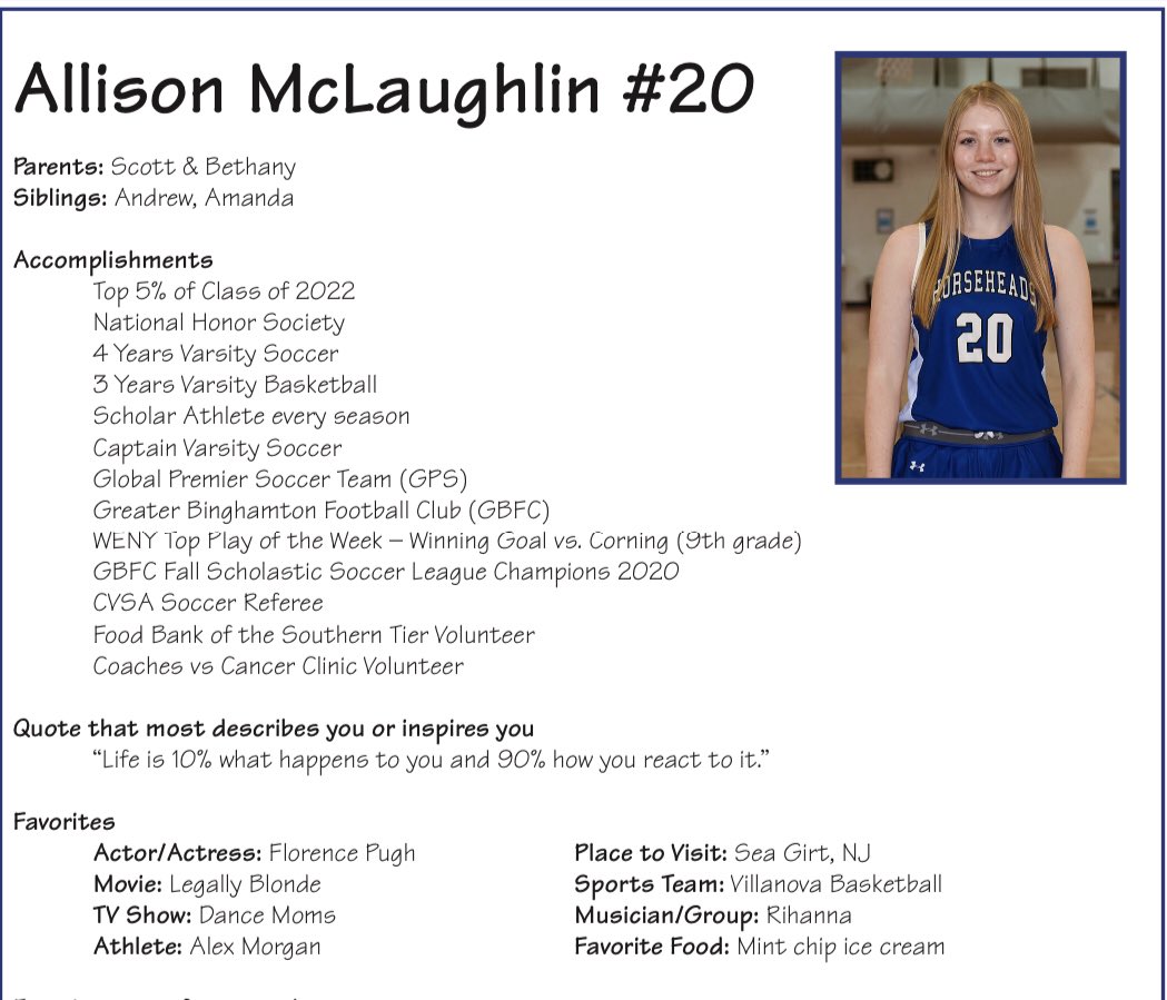 Day 4: Allison McLaughlin-Started as a junior + then tore ACL last Feb. She has battled adversity + has been able to positively participate + help us out each day. She is a true team player and always has excellent insight. Truly a class act on + off the court. Fantastic person!