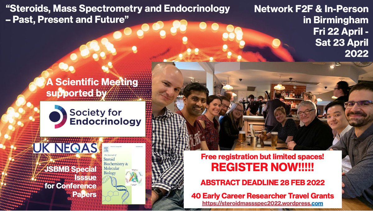 REGISTER NOW - Birmingham 22-23 April 2022 - Interdisciplinary Symposium 'Steroids, Mass Spectrometry and Endocrinology - Past, Present and Future' ! 40 early career travel grants supported by @Soc_Endo ! - Free registration but limited spaces - Please RT steroidmassspec2022.wordpress.com