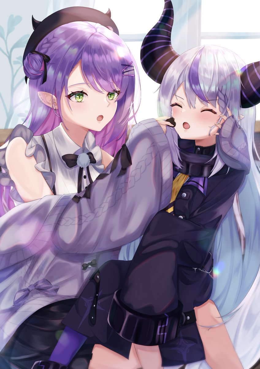 la+ darknesss ,tokoyami towa multiple girls 2girls purple hair feeding jirai kei horns pointy ears  illustration images