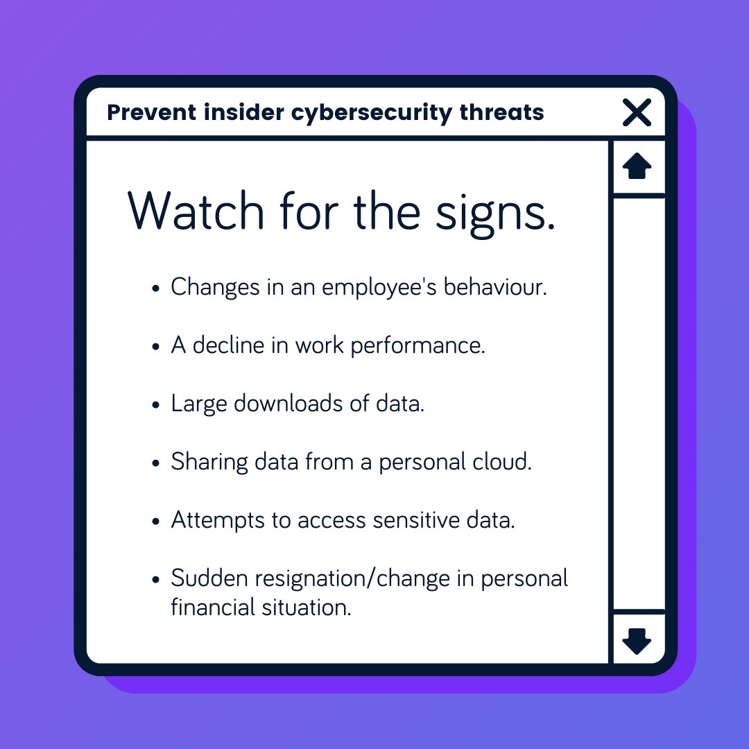 SingulariteeLtd's tweet photo. While insider threats are not common, they can still happen. 

It's important to know the signs if one of your employees is acting with malicious intent. https://t.co/e6Fjak2yYz