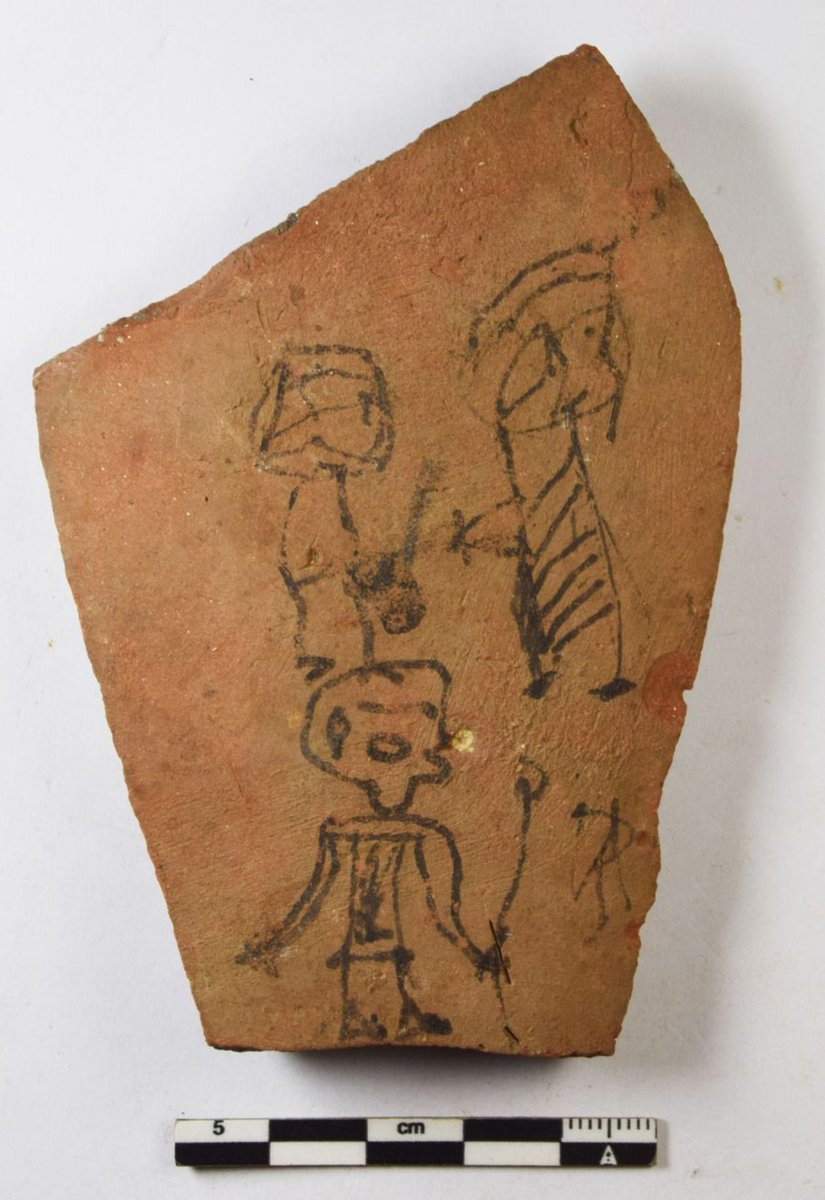 TheDigVenturers's tweet photo. Absolutely love this! A child's drawing from ancient Egypt! 

2,000 years ago a little kid was learning to draw people (or maybe gods) on an old piece of pottery. Archaeologists just found it at Athribis, and isn't i just adorable?! https://t.co/ccNwzvbFzv