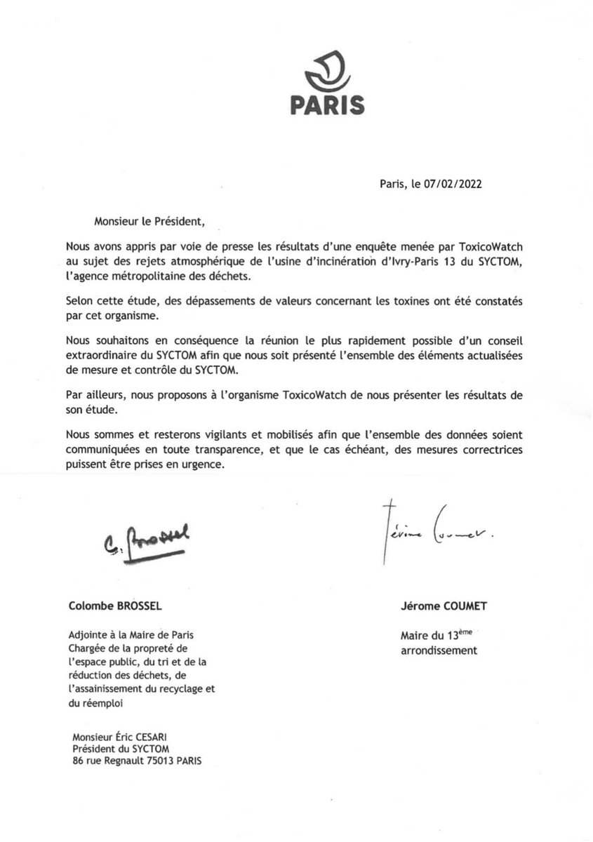 Le maire du 13e arrondissement de Paris et l'adjointe à la mairie de Paris écrivent au Syctom 