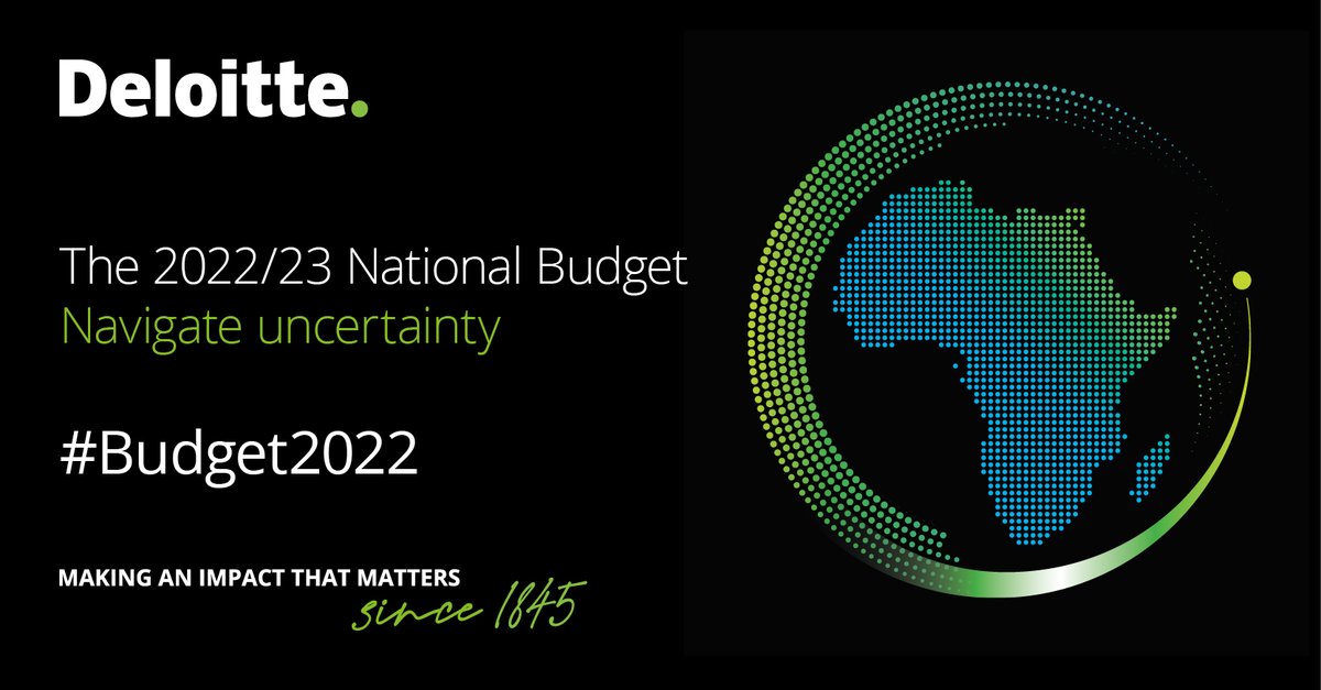 DeloitteSA's tweet photo. What can we expect from the 2022 National Budget Speech? Download and read our @DeloitteSA pre- #Budget2022 predictions from our subject matter experts. #navigateuncertainty
https://t.co/0OHDqMntqZ https://t.co/93onHH2g9T