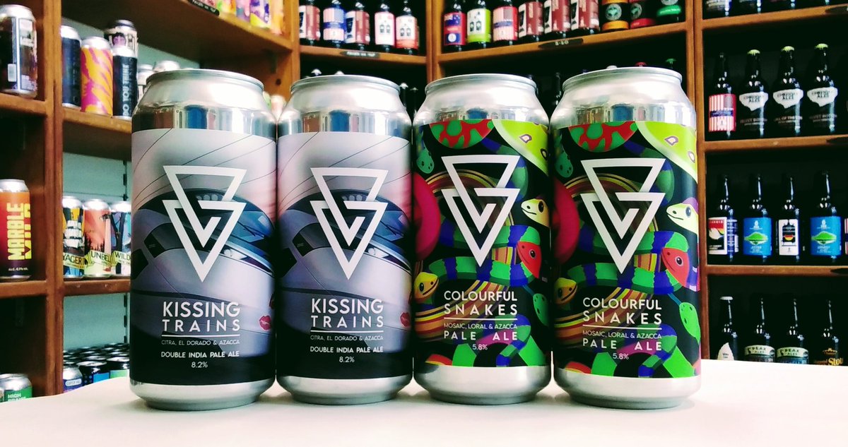 Two new beers from Azvex have just arrived..... all about the hops this time. 

1️⃣ Kissing Trains - 8.2% Citra El Dorado Azacca DIPA

2️⃣ Colourful Snakes - 5.8% Mosaic Loral Azacca Pale

(440mls, £6.95, £5.20, exciting stuff)