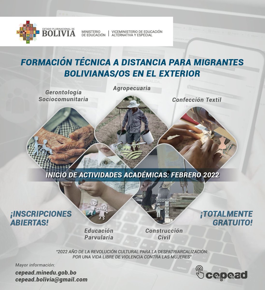 CEPEAD1's tweet photo. FORMACIÓN Y CAPACITACIÓN TÉCNICA A DISTANCIA
¡INSCRIPCIONES ABIERTAS HASTA EL 16 FEBRERO!
¡TOTALMENTE GRATUITAS!

Inscripciones en el siguiente enlace:
https://t.co/gGbm5h48B9

Portal Web: https://t.co/FMtM93hEzT
Correo Institucional: cepead.bolivia@gmail.com https://t.co/vz6p25LEq2
