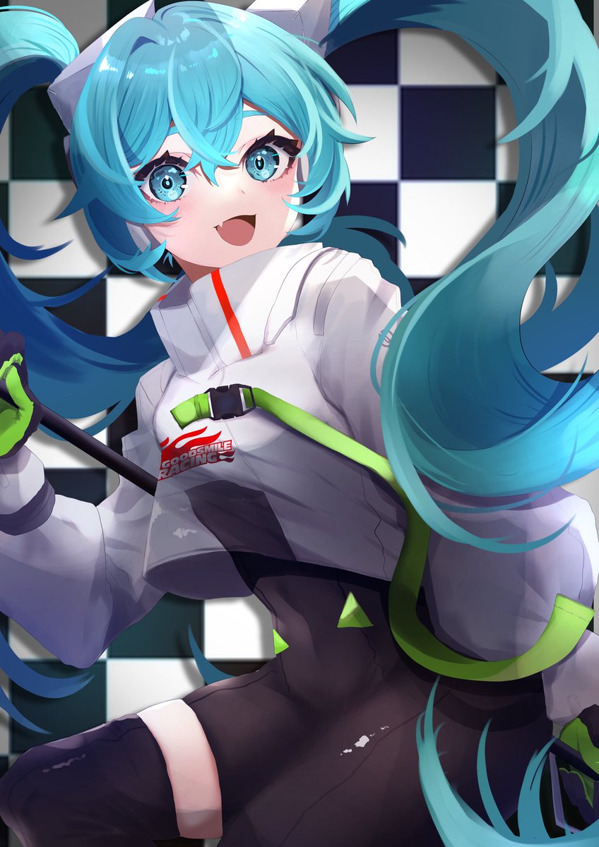 hatsune miku ,racing miku 1girl solo twintails long hair green gloves gloves smile  illustration images