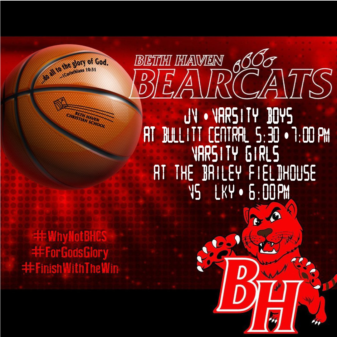 BethHavenSports's tweet photo. 02•08•22
--------
🏀 JV • Varsity Boys
🆚 •📍 Bullitt Central
🕠 5:30 • 🕖 7:00 PM
--------
🏀 Varsity Girls
📍 The Bailey Fieldhouse
🆚 LKY
🕕6:00 PM
--------
🔥#WhyNotBHCS—Luke 1:37
😇#ForGodsGlory—1Corinthians 10:31
👑#FinishWithTheWin—2nd Timothy 4:7-8
-------- https://t.co/VhYUVPrqiN