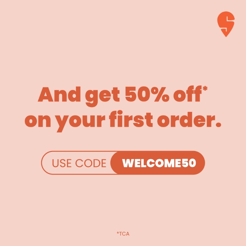 Swiggy's tweet photo. Meet your old favourites again, right at home. Order from top restaurants and Get 50% off on your first order.