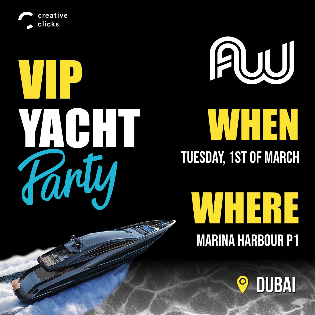 _creativeclicks's tweet photo. Party calls!!
Don't miss out on our private VIP Yacht Party!
Itโs gonna be a lot of fun, accompanied by music and drinks as we sail through the Marina in #Dubai.
'This is an invite-only party'
#creativeclicks #awdubai #marketingevents #digitalmarketing https://t.co/7XvwU1QLrd
