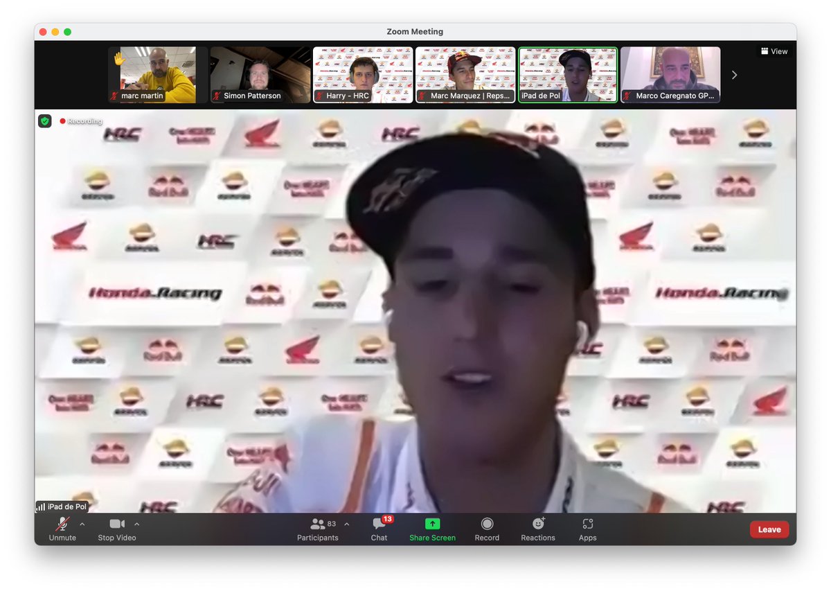 denkmit's tweet photo. The highlight so far of the @HRC_MotoGP media debriefs on Zoom is how amused @marcmarquez93 is at @polespargaro's bad internet connection 😂 https://t.co/SXvUWzosgP