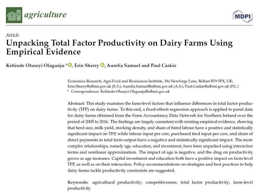 What's driving productivity on dairy farms? In 
<a href="/AgricultureMdpi/">Agriculture MDPI</a> AFBI Economists tease out how farm-level factors interact/complement each other influencing #productivity bit.ly/3LiCWZm See strategies/best practices to help NI #dairy farms tackle productivity constraints