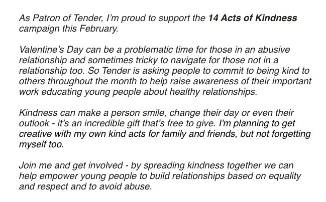 TenderUK's tweet photo. A message from our patron Olivia Colman to encourage you to #BeTender this February...
Help us to support more young people this year by joining us and committing to the #14ActsOfKindness Challenge: https://t.co/1fvRnkjYZF https://t.co/5N5JF2RmeQ