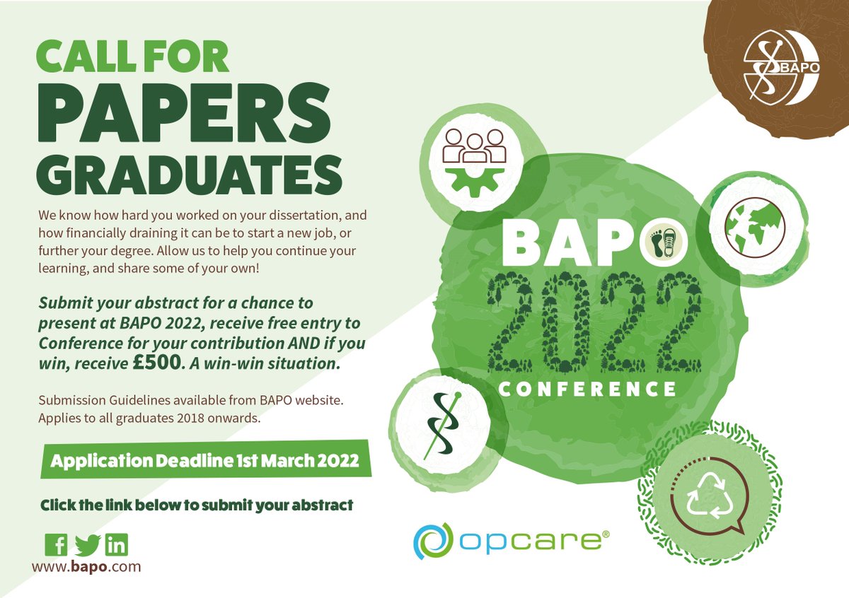 BAPO (@bapo2) on Twitter photo 🌟CALLING P&O GRADUATES (2018 onwards)🌟
Submit your abstract for a chance to present at the BAPO conference & receive free entry to the conference. Submission guidelines available: ow.ly/zo1A50HOJG6
Application deadline - 1 March 2022. <a href="/PROSTHETICSnet/">Prosthetic Network</a> <a href="/OrthoticNetwork/">Nicky Eddison</a> 🌟CALLING P&O GRADUATES (2018 onwards)🌟
Submit your abstract for a chance to present at the BAPO conference & receive free entry to the conference. Submission guidelines available: ow.ly/zo1A50HOJG6
Application deadline - 1 March 2022. <a href="/PROSTHETICSnet/">Prosthetic Network</a> <a href="/OrthoticNetwork/">Nicky Eddison</a>