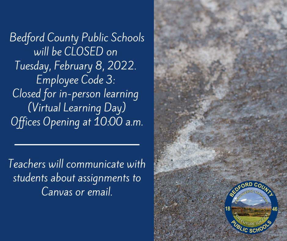 BCPS_Education's tweet photo. Due to reports of accidents throughout the county due to slick roads, BCPS will operate on Code 3. Schools are closed for in-person learning but will implement a virtual learning day for Tuesday, February 8, 2022. Teachers...

Click link for more details.
https://t.co/kn7P1KPrrY https://t.co/PTWJI8nF8L