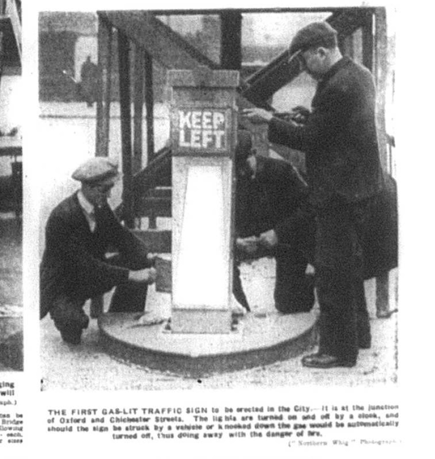 BelfastCentLib's tweet photo. #OnThisDay in 1934 the Northern Whig captured Belfast’s first gas-light traffic sign #BelfastCentLib @LibrariesNI newspaper collections #connectwithheritage https://t.co/c15zXBuRRs