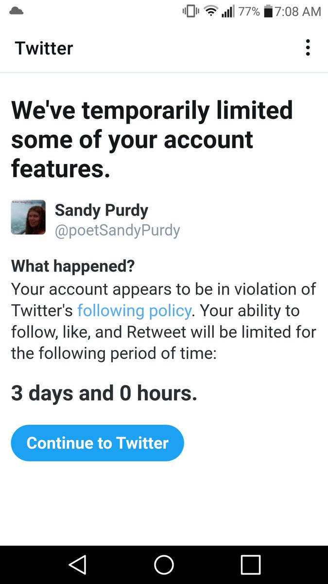 poetSandyPurdy's tweet photo. For #following too many?
Twitter asked if I wanted to switch to Professional? I said No... Twitter said "Back To #TwitterJail !!!
#AbolishTwitterJail
Twice in 1 week!! #TwitterHatesMe 😢
BECAUSE
#IStandWithTrudeau  #writerslift https://t.co/z3Wr4YQDnS