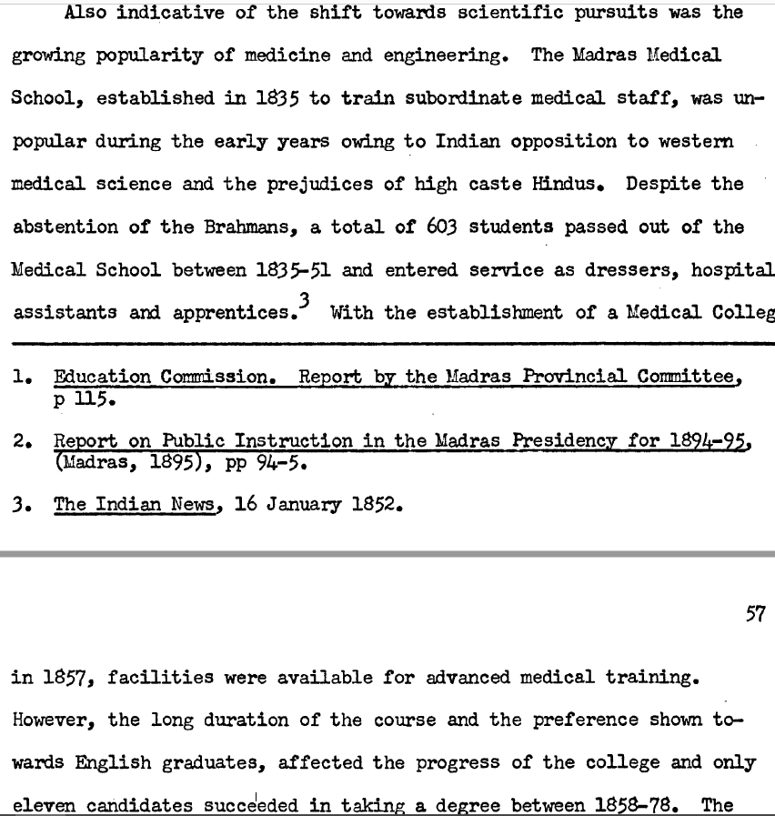 <a href="/realitycheckind/">Reality Check India</a> Between 1870 and 1918, Medical education was the only one which had Non Brahmins in majority. Between 1835-51 603 students passed medical and Brahmins had abstained from medical schools during that time.