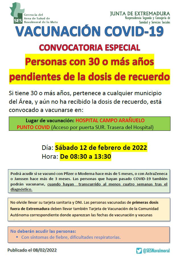 SESNavalmoral's tweet photo. VACUNACION COVID
Convocatoria especial mayores 30 años
Hospital Campo Arañuelo https://t.co/EOa7sCSHsI