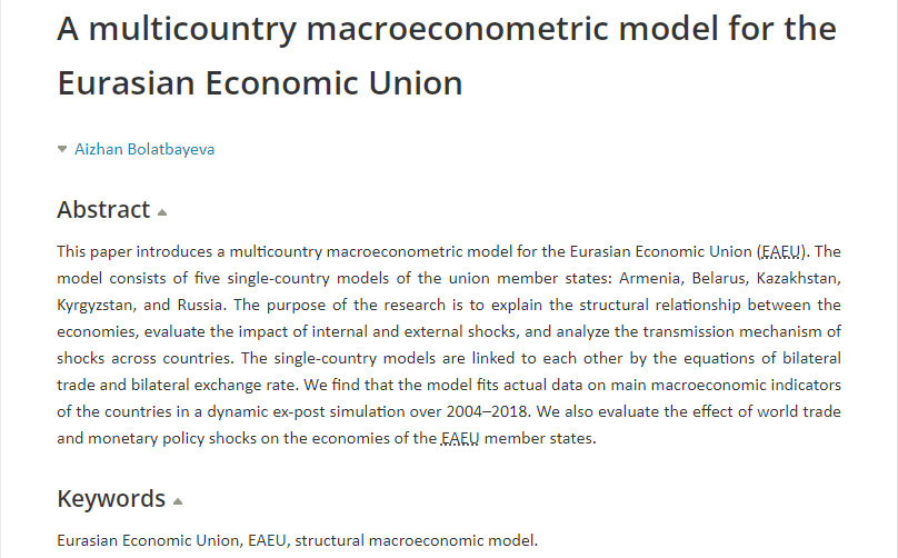 RuJEconomics's tweet photo. This paper introduces a multicountry #macroeconometric model for the Eurasian Economic Union (#EAEU). The simulation results demonstrate that the model is able to match the observed data on the main macroeconomic indicators in #Kazakhstan and #Russia.
https://t.co/1yu06zk2Sv https://t.co/IQ1Jszp7BV