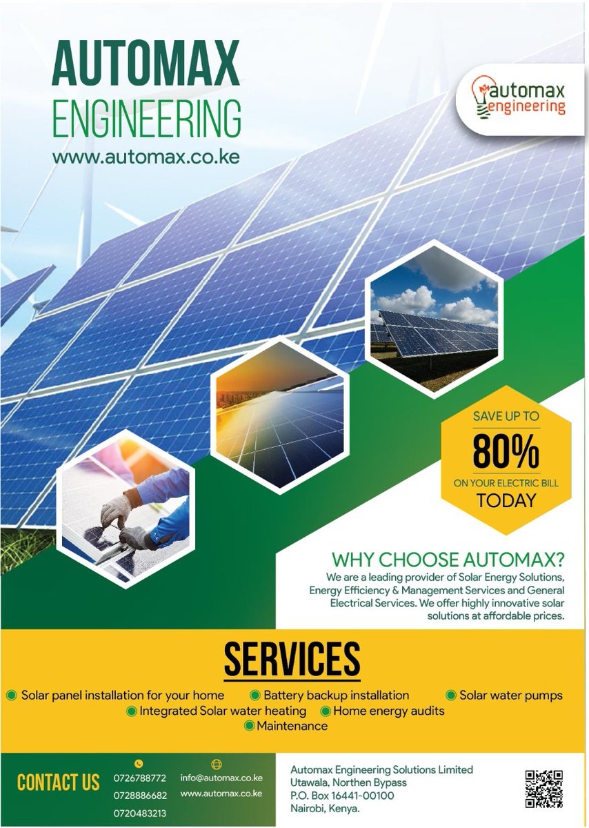 AutomaxENG's tweet photo. @philbertdr1 @KenyaPower_Care Liberate yourself from erratic power supply in your home, office or industry. Call us and have a hybrid system where you have both solar and grid power. This ensures you save possibly as much as 80% on your electricity costs. 

Call/Text/WhatsApp us on 0726788772 https://t.co/QZuE3Zvr1n