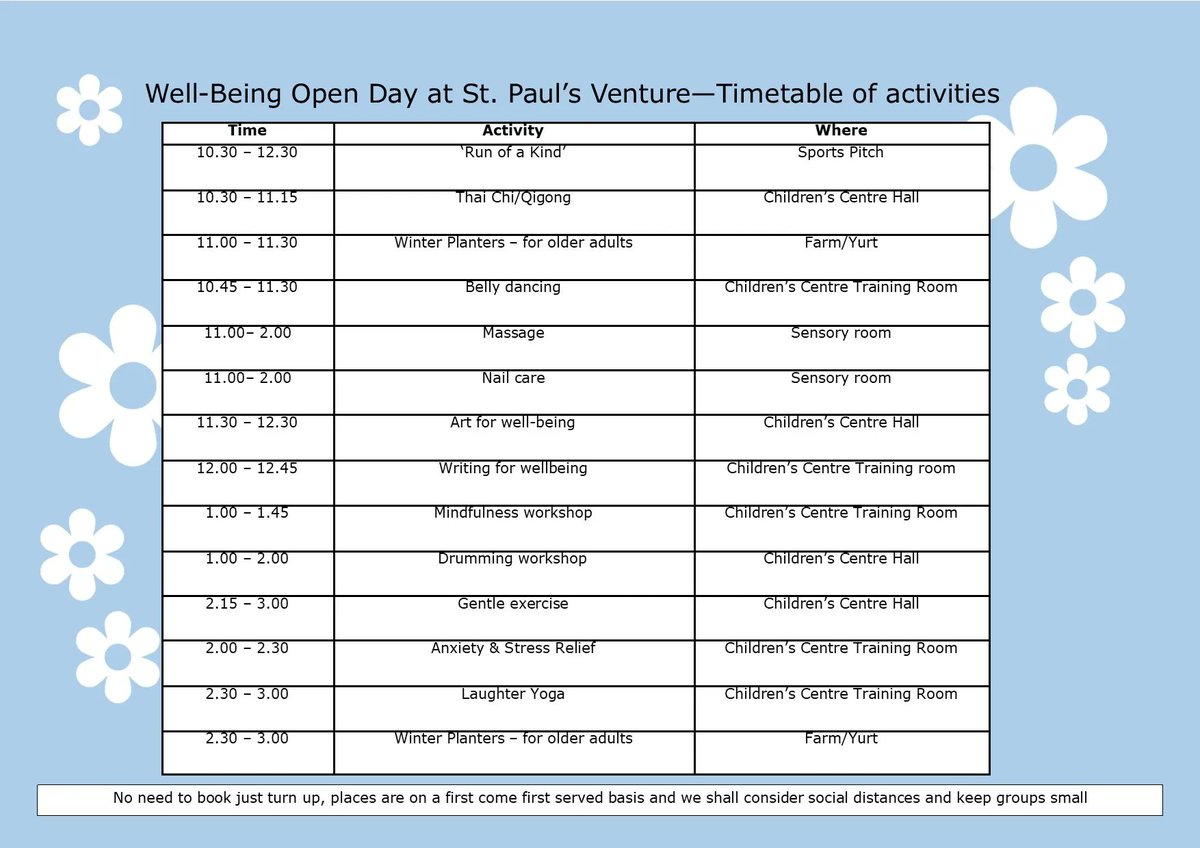 Wellbeing Open Day being run this coming Saturday on the 12th between 10:30 and 3:30pm, at the Venture/Farm.

Plenty of activities to take part in through out the day. A timetable of activities is available below.

Please see attached images for more information.