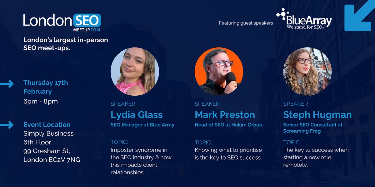 Join us for our first IN-PERSON #LondonSEOMeetup of 2022 at <a href="/simplybusiness/">Simply Business</a>, featuring: 

🗣 @lydia_seo_ 
🗣 <a href="/MarkPreston1969/">Mark Preston</a> 
🗣 <a href="/StephHugman/">Steph</a> 

Book your FREE spot here: bit.ly/3oudLcb