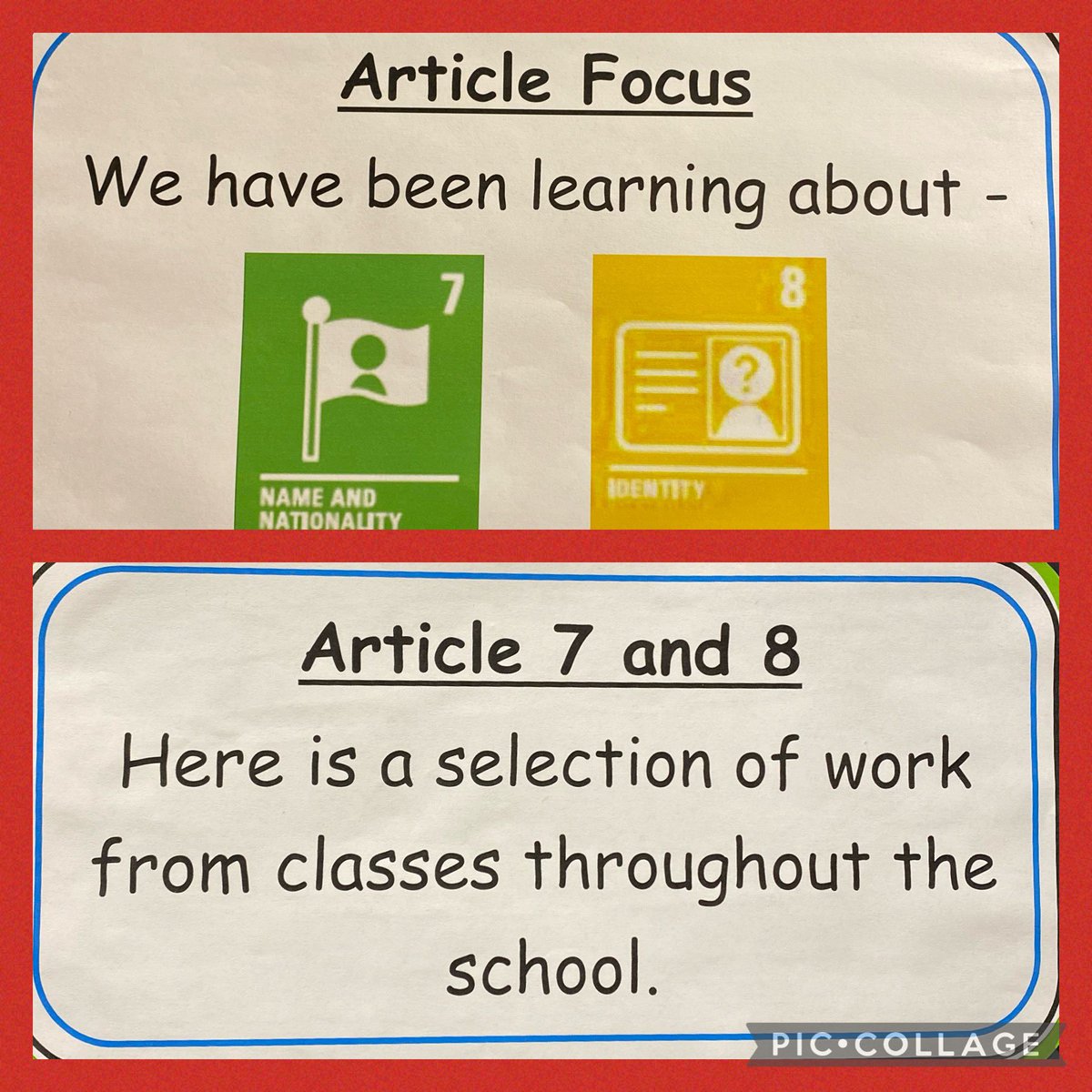 glencairn_ps's tweet photo. Last week our article of the week was Article 7(the right to a name and nationality) and Article 8 (the right to an identity).  Here is our wall display with a selection of work from the classes across the school ⭐️ 🏫 😊🤩 #Article7and8 #wholeschoollearning #learningcommunities https://t.co/NxxuPJdcuv