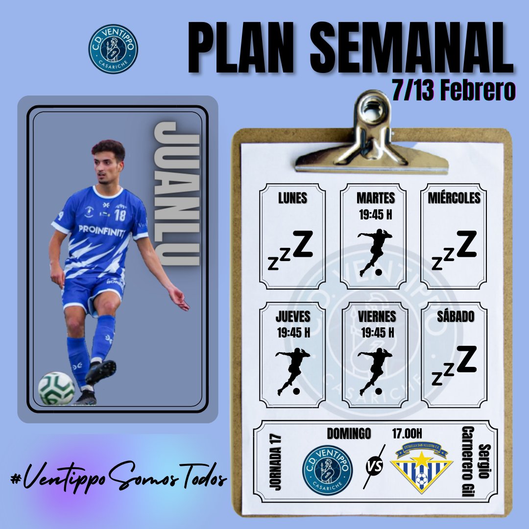 CVentippo's tweet photo. PLAN SEMANAL 👀
El primer equipo vuelve a jugar en casa!! 👏🏼
Jornada 17
📅🕗 Dom. a las 17:00H
🆚 @EstrellaSACF
🏟️ Sergio Carnerero Gil
El filial juega contra el Morón B fuera de casa 👀
📅🕗 Sáb. a las 20.30H
🆚 @UDMoronCF
🏟️ Complejo Alameda
#VamosAzules 💪🏼
#Ventippo https://t.co/QGkMLEGUWf