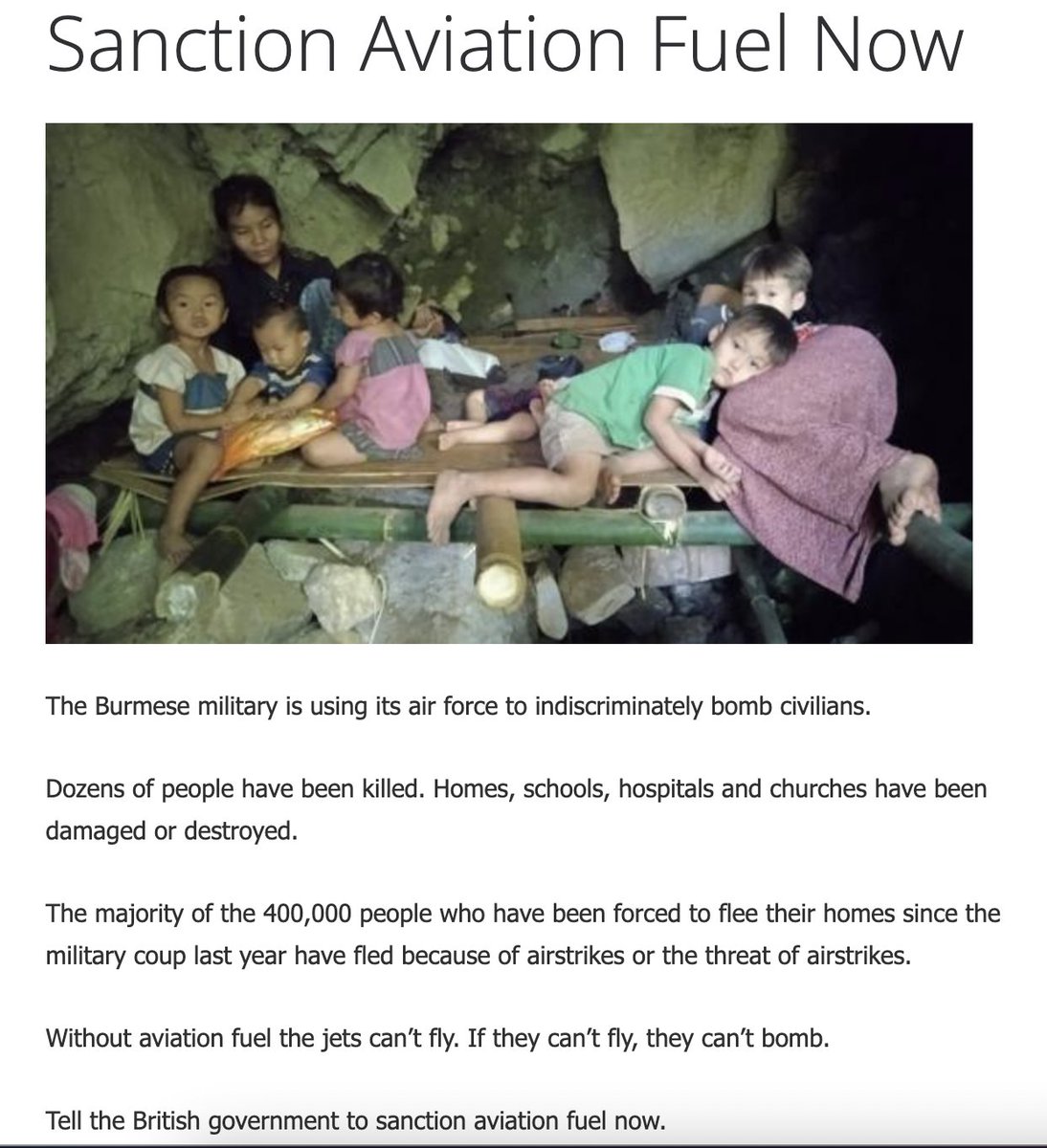 In the past year, dozens of people have been killed by Burmese military's airstrikes. The majority of the 400,000 displaced civilians have fled because of airstrikes or the threat of airstrikes. 
Please tell the UK to impose sanctions on aviation fuel. action.burmacampaign.org.uk/sanction-aviat…