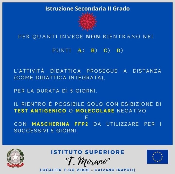 istitutomorano's tweet image. Nuove Disposizioni operative 
in ordine al #Covid e #frequenza #scolastica
#IstitutoMorano #Caivano #Napoli
ismorano.edu.it/circolare-n-42… (images 5-6-7-8)